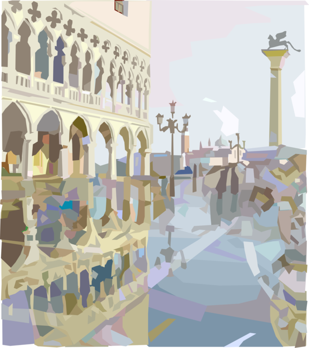 Vector Illustration of Piazza San Marco St Mark's Square with Winged Statue Lion, Venice, Italy