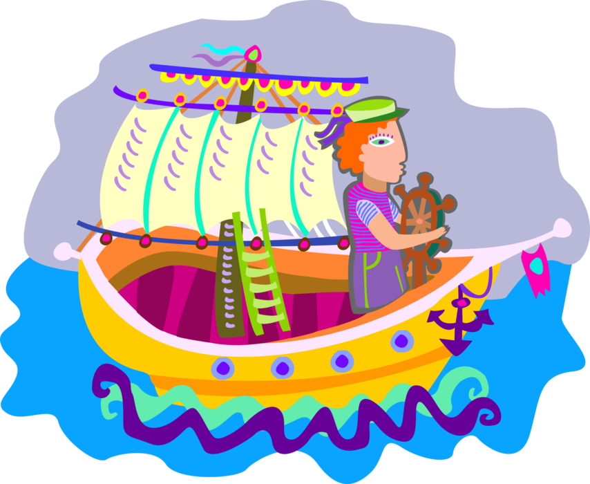 Vector Illustration of Sailor Sailing Ship's Helm Wheel or Boat's Wheel and Changes Vessel's Course