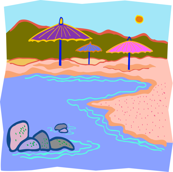 Vector Illustration of Shade Umbrellas at Waterline on Beach