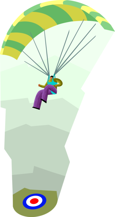 Vector Illustration of Parachutist Parachuting to Hit Target Bullseye or Bull's-Eye in Parachute