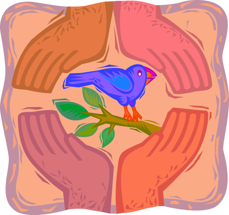 Vector Illustration of Nurturing and Protective Hands with Bird on Branch