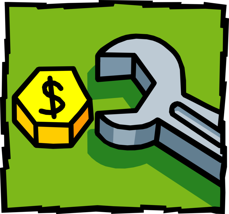 Vector Illustration of Workbench Wrench with Bolt Money Sign