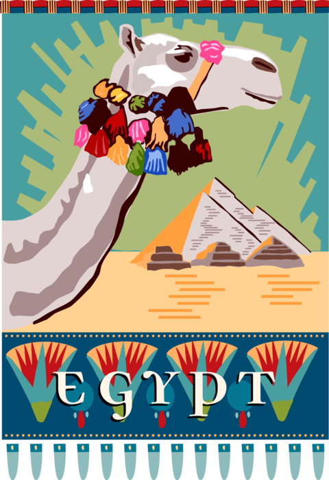 Vector Illustration of Ancient Egyptian Postcard Design with Dromedary Camel and Great Pyramids of Giza