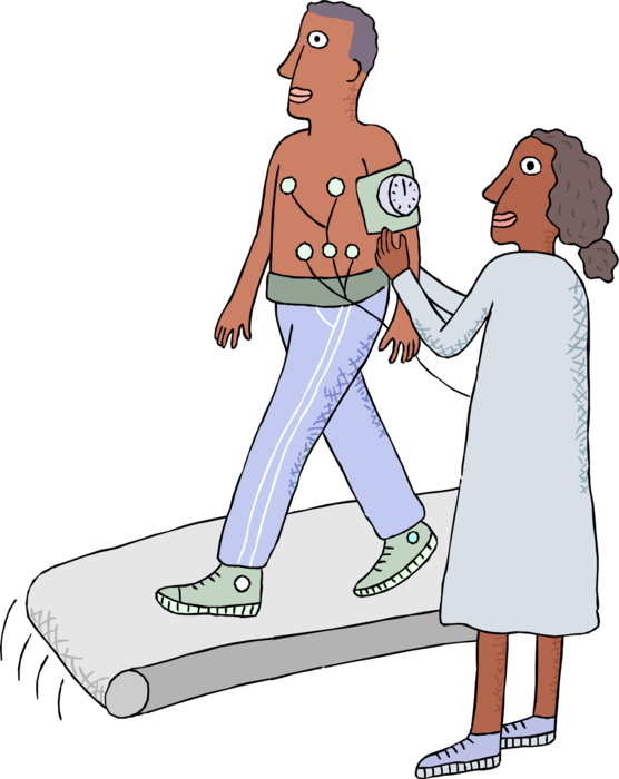 Vector Illustration of Health Care Nurse Administers Heart Stress Test on Treadmill with Patient