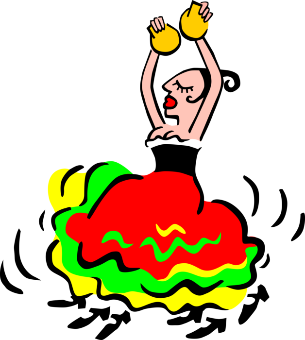 Vector Illustration of Spanish Flamenco Dancer Dancing Plays Castanets