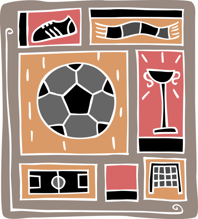 Vector Illustration of Sport of Soccer Football with Athletic Shoe Cleat and Trophy with Goal Net