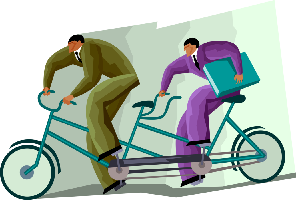 Vector Illustration of Businessmen Employ Teamwork to Ride Tandem Bicycle