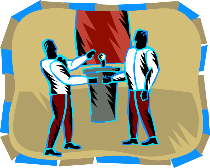 Vector Illustration of Political Debate Contestants Shake Hands at Podium