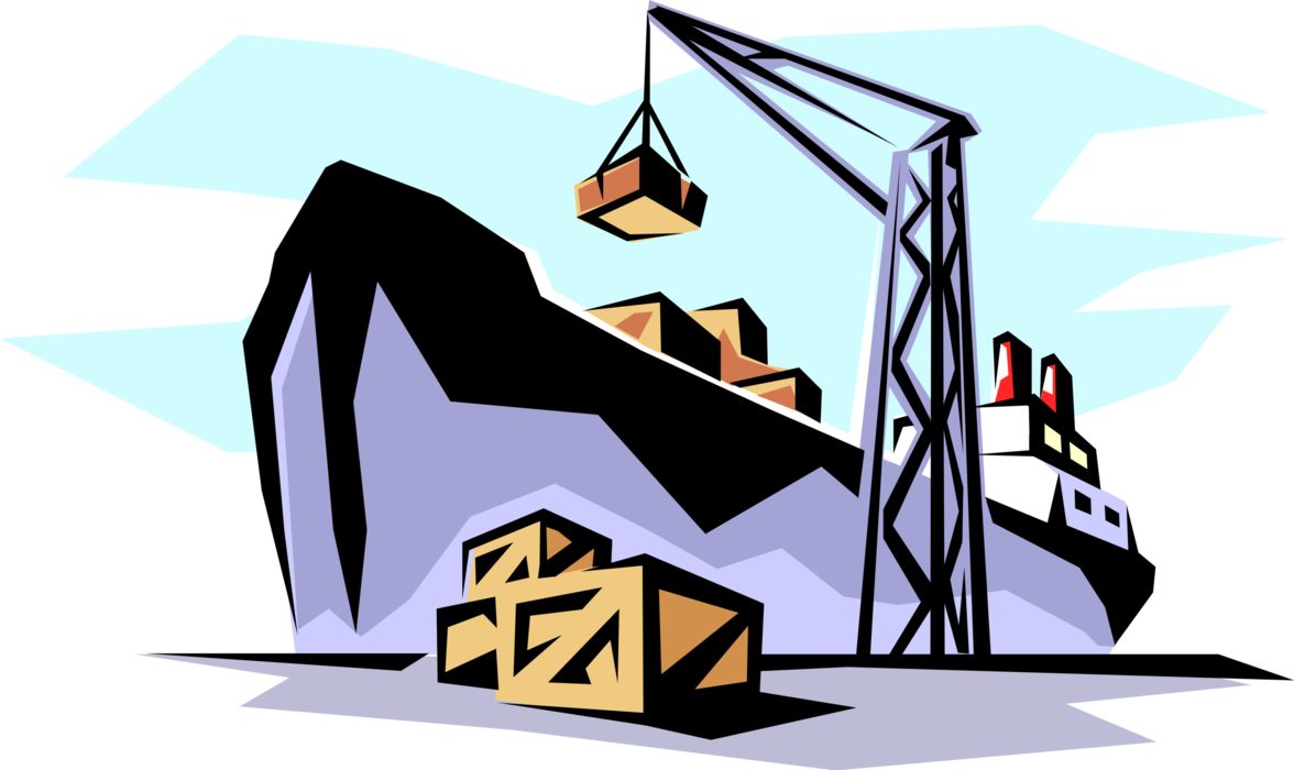 Vector Illustration of Shipping Crane Loads Goods on Container Ship