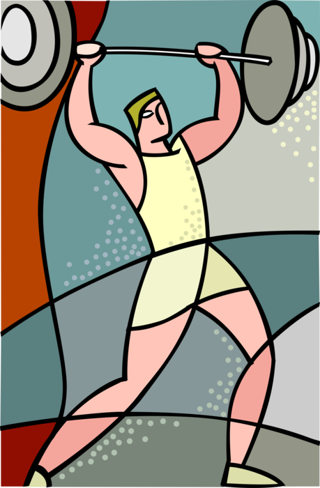 Vector Illustration of Weightlifter Muscleman Strongman Lifts Barbell Weights in Weightlifting Competition