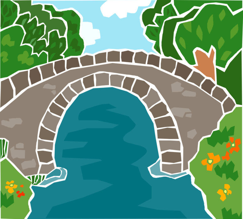 Vector Illustration of Stone Walking Bridge Over Water