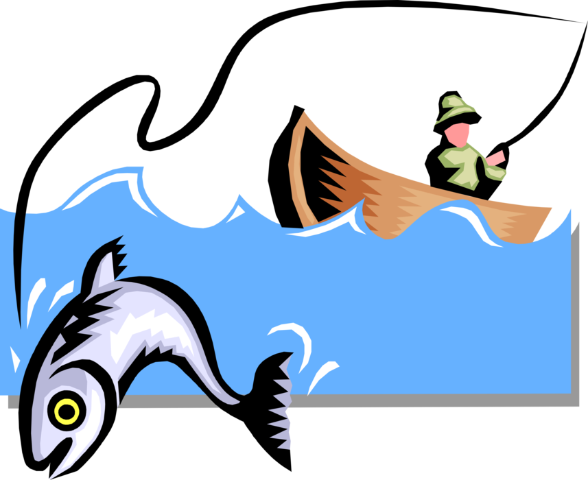 Vector Illustration of Sport Fisherman Angler in Boat Fishing Catches Fish
