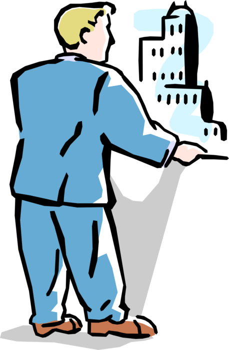 Vector Illustration of Businessman Looks Out at City Skyline