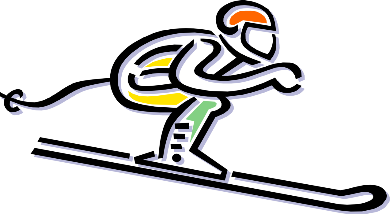 Vector Illustration of Downhill Alpine Ski Racing Skier Races Down Ski Hill