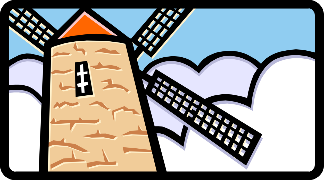 Vector Illustration of Dutch Windmill in The Netherlands, Holland used to Mill Grain, Pump Water