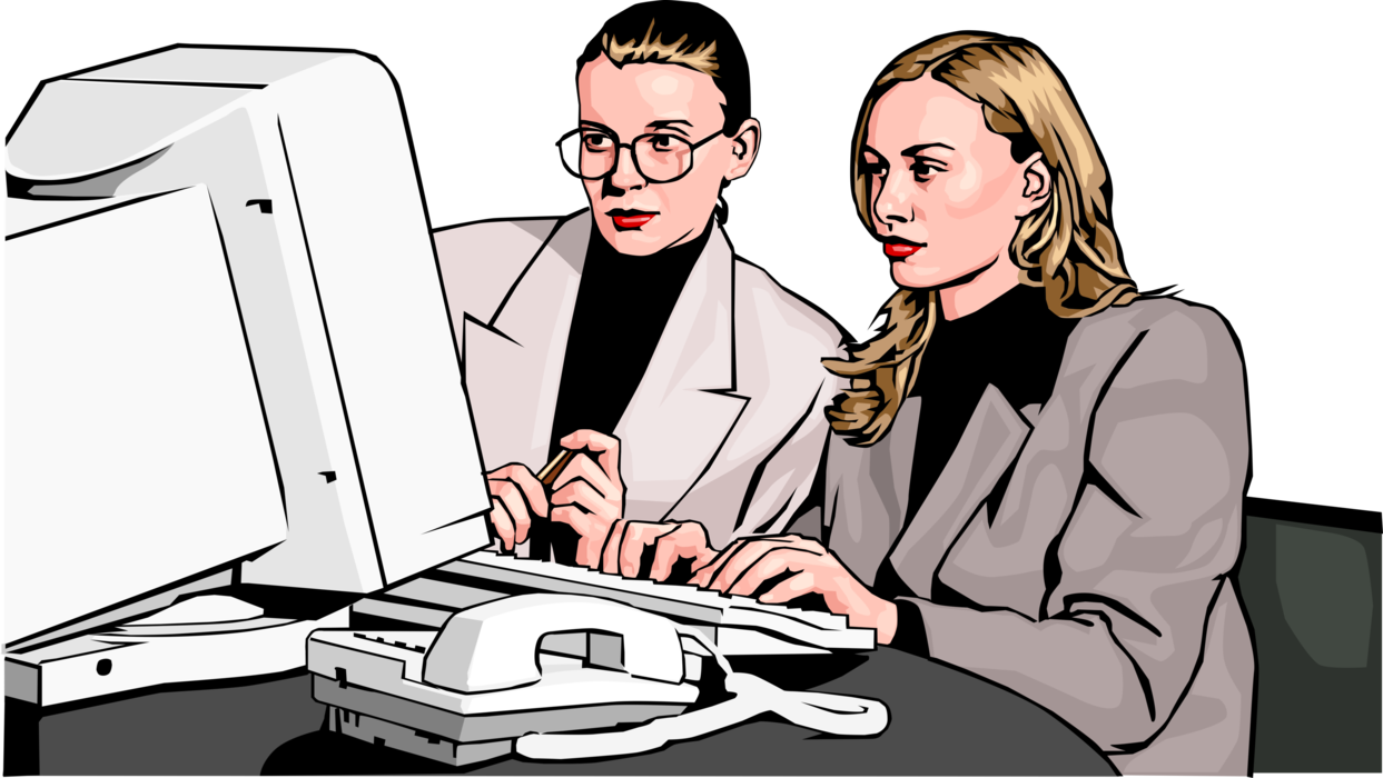 Vector Illustration of Businesswomen at Computer Review Information