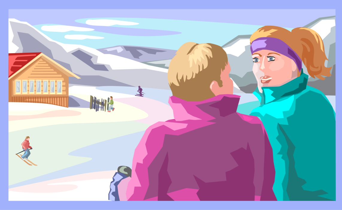 Vector Illustration of Winter Ski Resort with Alpine Downhill Skiers