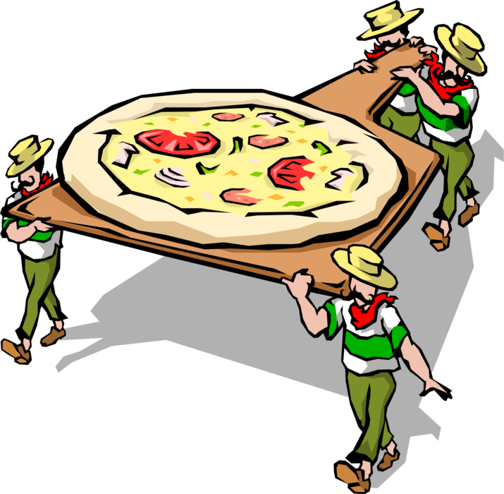 Vector Illustration of Italian Cuisine Chefs Deliver Fresh Flatbread Pizza to Waiting Customer