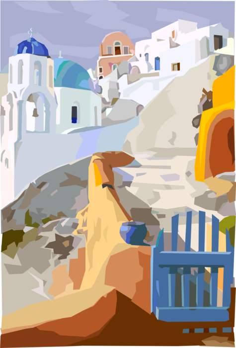 Vector Illustration of Greek Tourism in Cyclades Island of Santorini in Aegean Sea Gate with Path