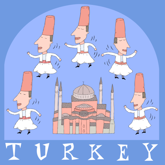 Vector Illustration of Whirling Turkish Dervish Dancing Men with Fez Felt Hats, Turkey
