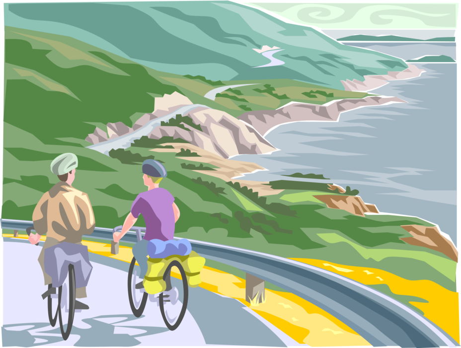 Vector Illustration of Vacation Bicycle Tour on Road Along Coastline with Hills and Seashore