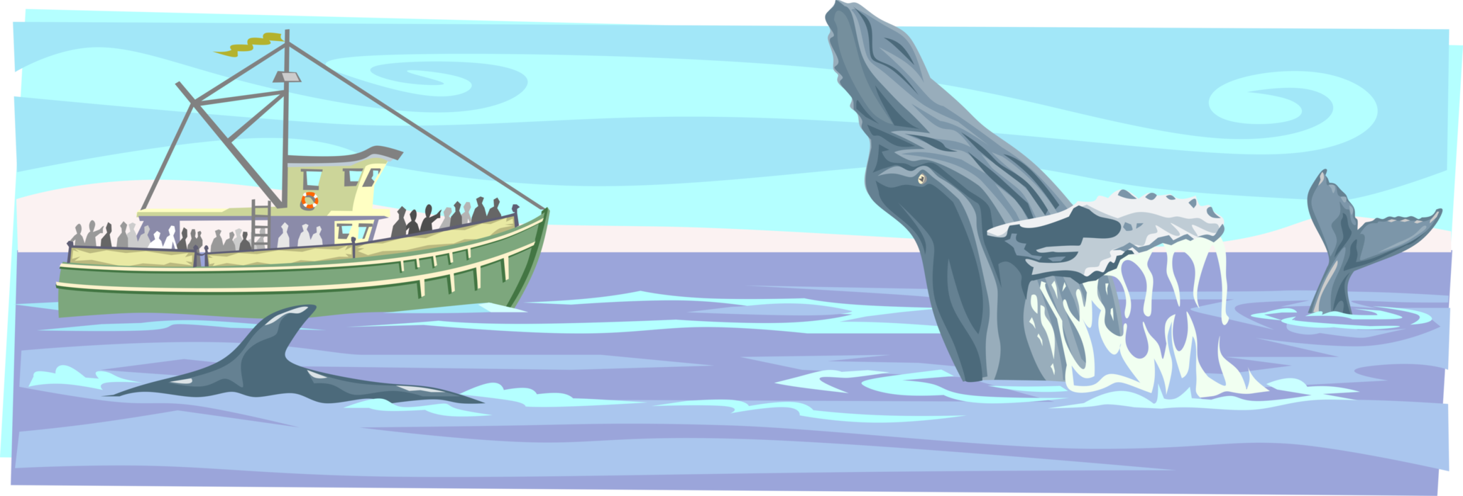 Vector Illustration of Humpback Whale Watching Tour Boat with Cetacean Whales Surfacing and Breaching