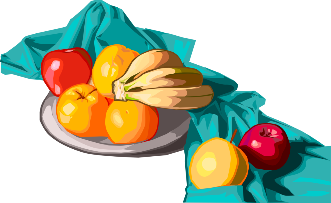 Vector Illustration of Bowl of Fruit with Apples, Bananas and Citrus Oranges