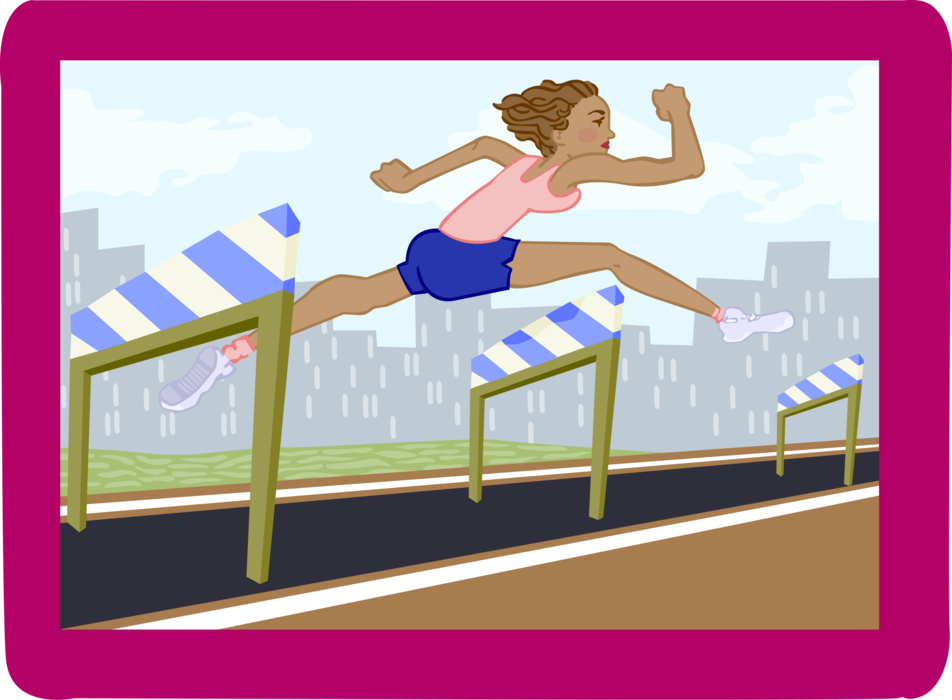 Vector Illustration of Businesswoman Track and Field Hurdler Jumps Hurdles in Track Meet Race