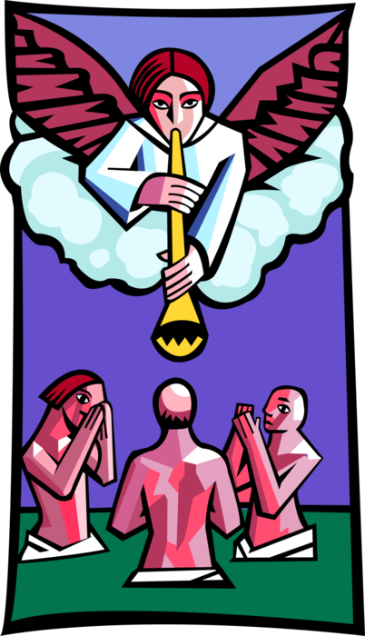 Vector Illustration of Spiritual Angel Blows Trumpet Horn Above Bathing Worshippers