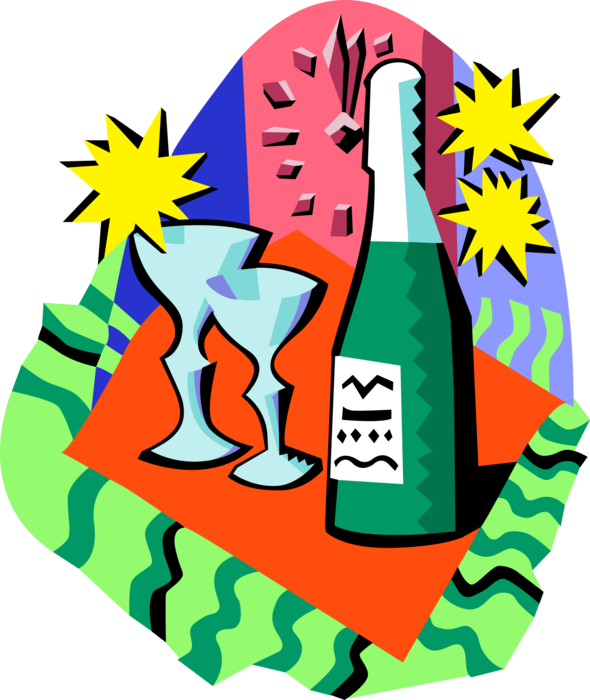 Vector Illustration of Bottle of Champagne with Glasses