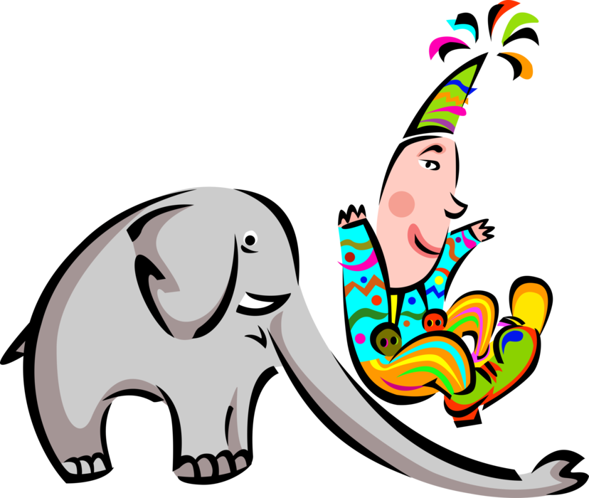 Vector Illustration of Big Top Circus Clown Sliding Down African Elephant's Trunk
