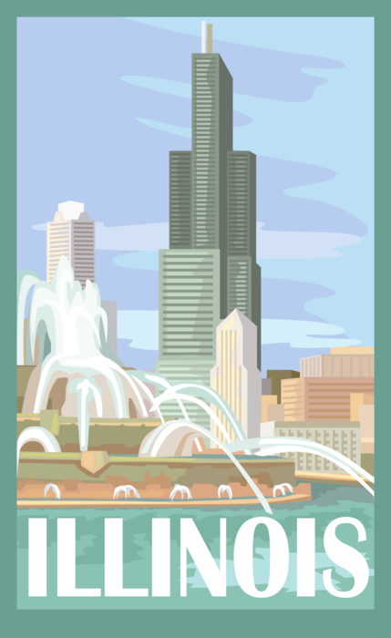 Vector Illustration of State of Illinois Postcard Design with Buckingham Fountain and Willis Tower