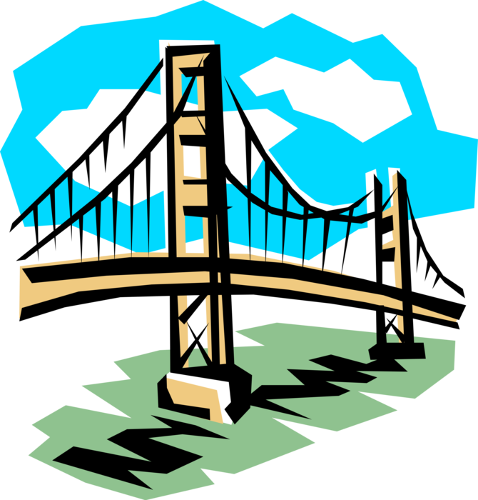 Vector Illustration of Suspension Bridge Crosses Open Water