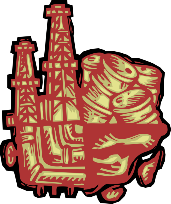 Vector Illustration of Fossil Fuel Oil Petroleum and Gas Industry Derrick Well with Barrels and Crude Oil Pipelines