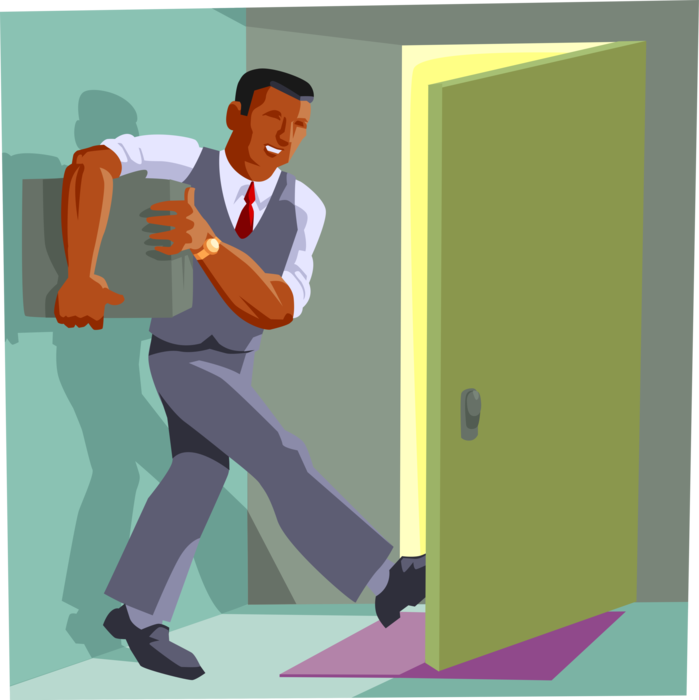 Vector Illustration of Businessman with Heavy Load Holds Open Door with Foot