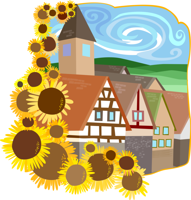 Vector Illustration of European Style Buildings with Sunflowers