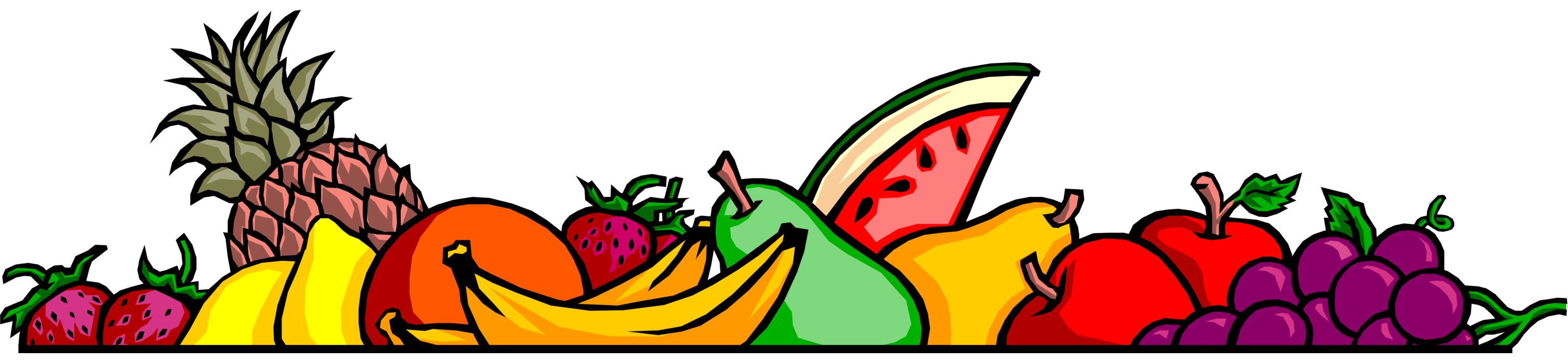 Vector Illustration of Fresh Fruits with Grapes, Apples, Pears, Melon, Bananas, Citrus, Pineapple and Strawberries