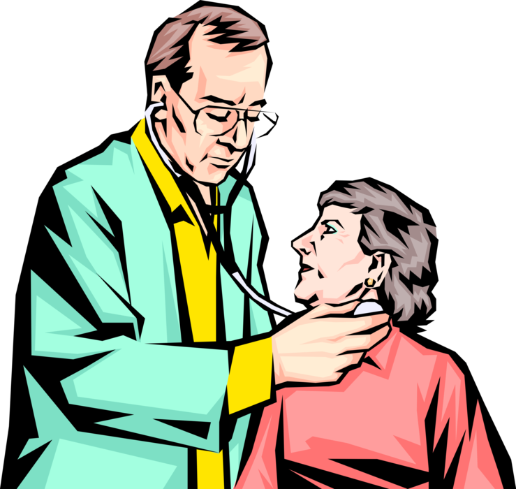 Vector Illustration of Physician Examining an Old Woman Uses Stethoscope to Listen to Heartbeat