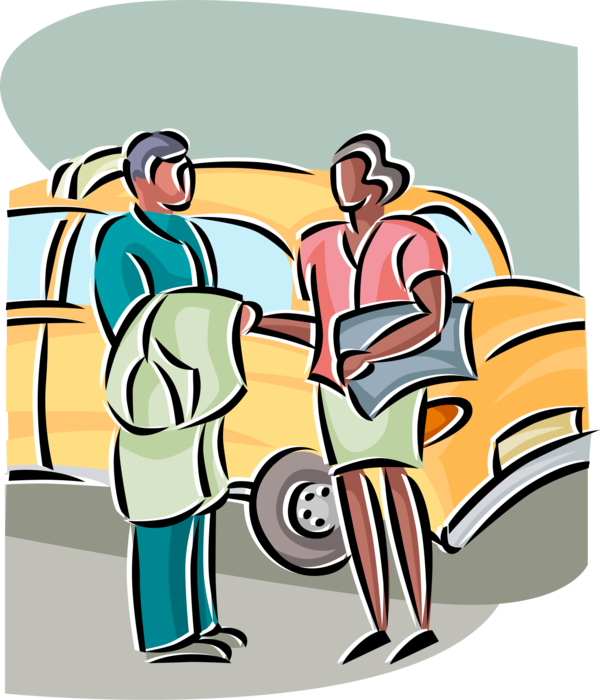 Vector Illustration of Office Workers and Taxicab Taxi or Cab Vehicle for Hire Automobile Motor Car
