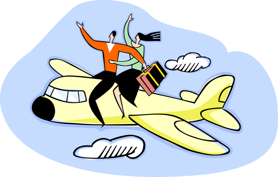 Vector Illustration of Holiday Vacation Couple Ride Jet Airplane to Tourist Destination