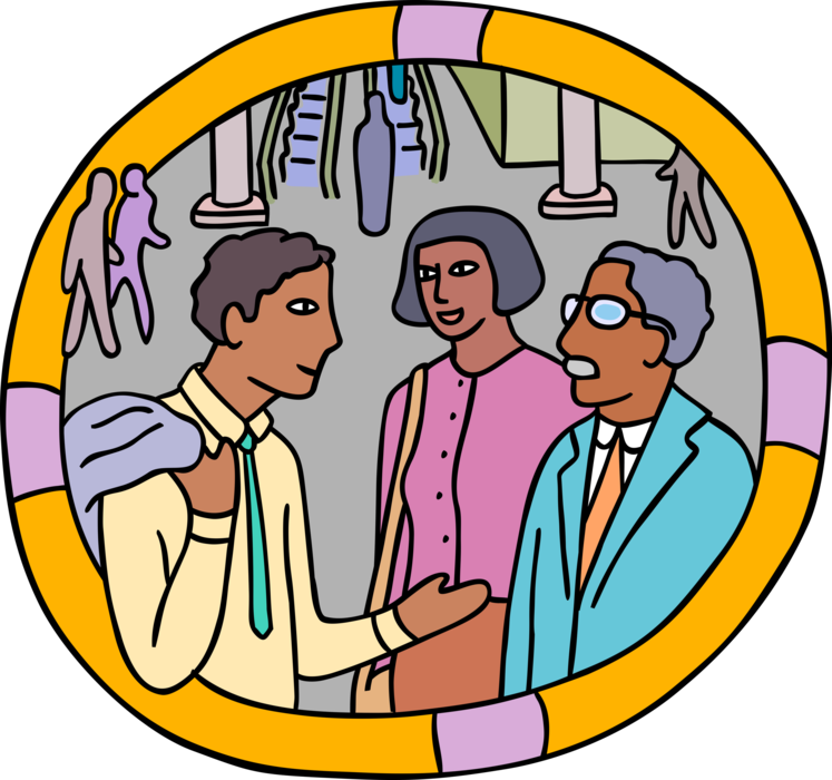 Vector Illustration of Office Workers Chatting in the Lobby of Building