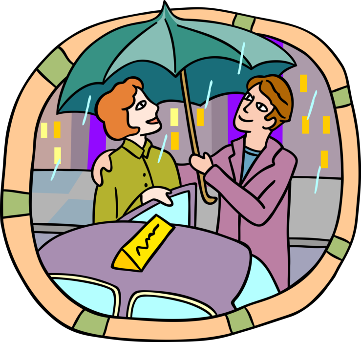 Vector Illustration of Man Holds Umbrella or Parasol Rain Protection for Date Entering Taxi