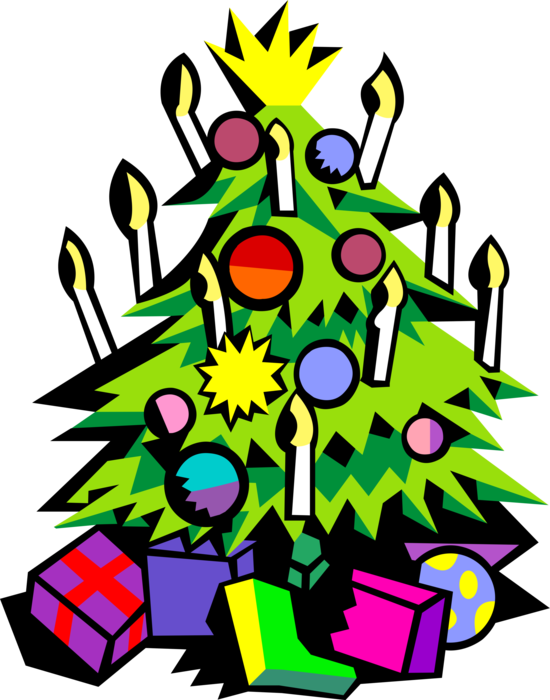 Vector Illustration of Festive Season Christmas Tree Decorations with Lit Candles