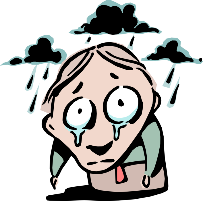 Vector Illustration of Crying Valley of Tears Idiom Businessman in Rainstorm