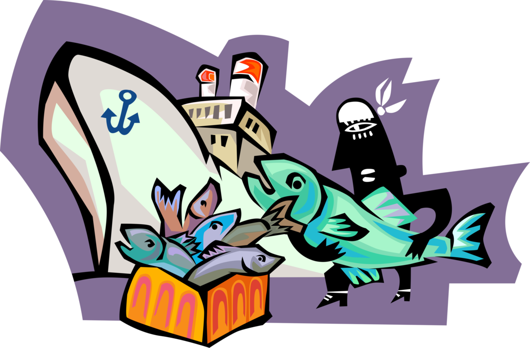 Vector Illustration of Commercial Fishing Industry Unloading Catch of Fresh Fish from Trawler Boat