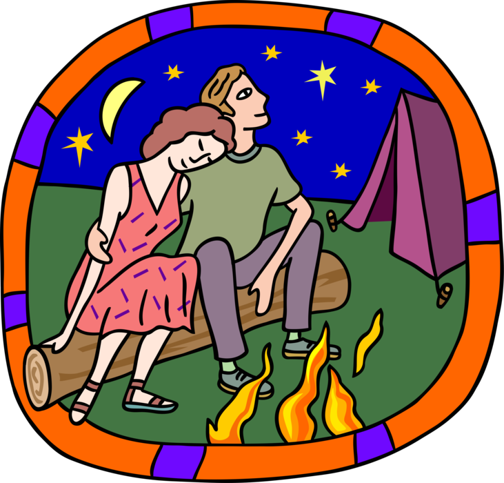 Vector Illustration of Outdoor Recreational Activity Camping Couple Enjoy Romantic Evening by Campsite Campfire Bonfire