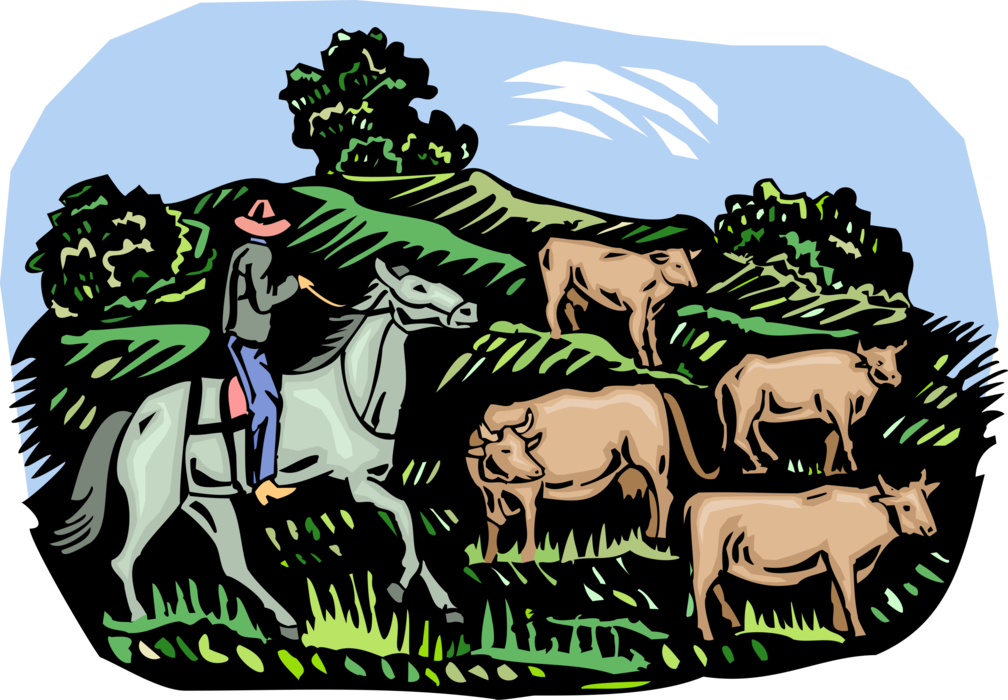 Vector Illustration of Cattle Ranch Farming with Steers and Cowboy on Horseback
