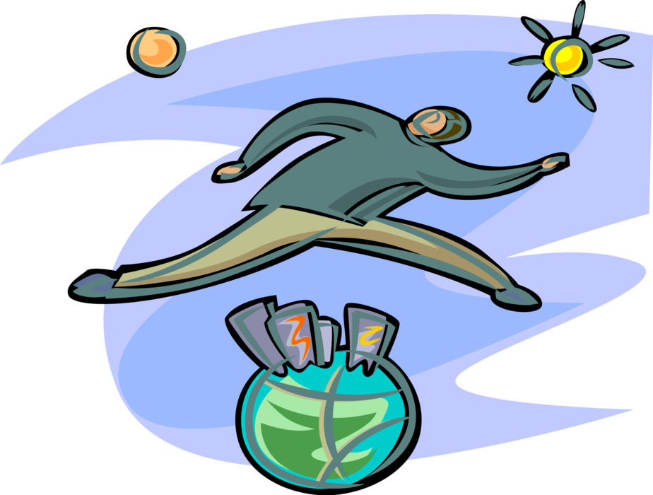 Vector Illustration of Man Jumping Over Planet Earth Globe