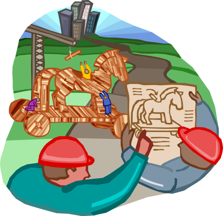 Vector Illustration of Construction Engineers Plan Building of Ancient Greece Trojan Horse
