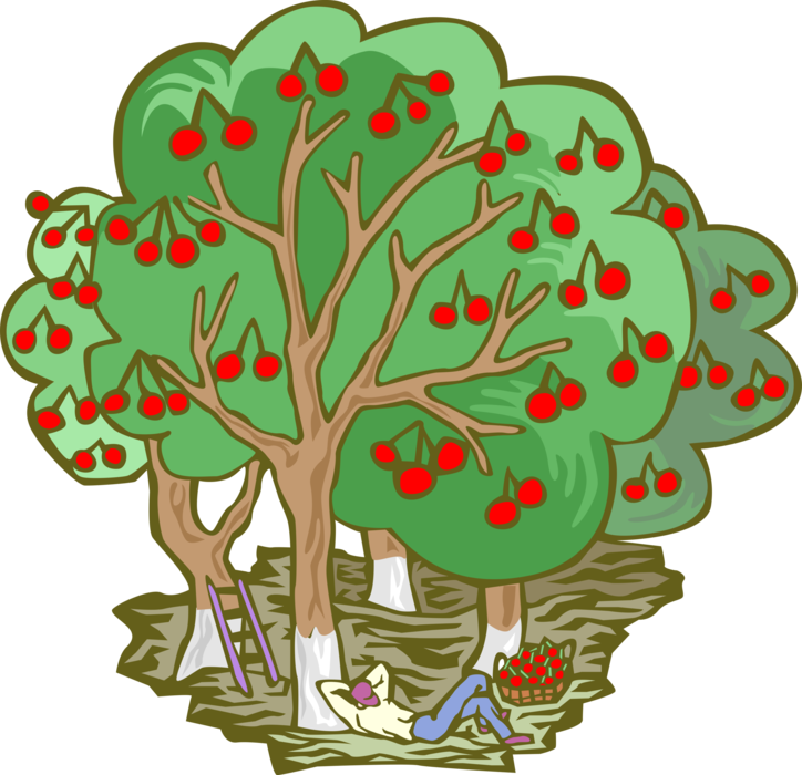 Vector Illustration of Apple Tree with Orchard Harvest Worker Relaxing